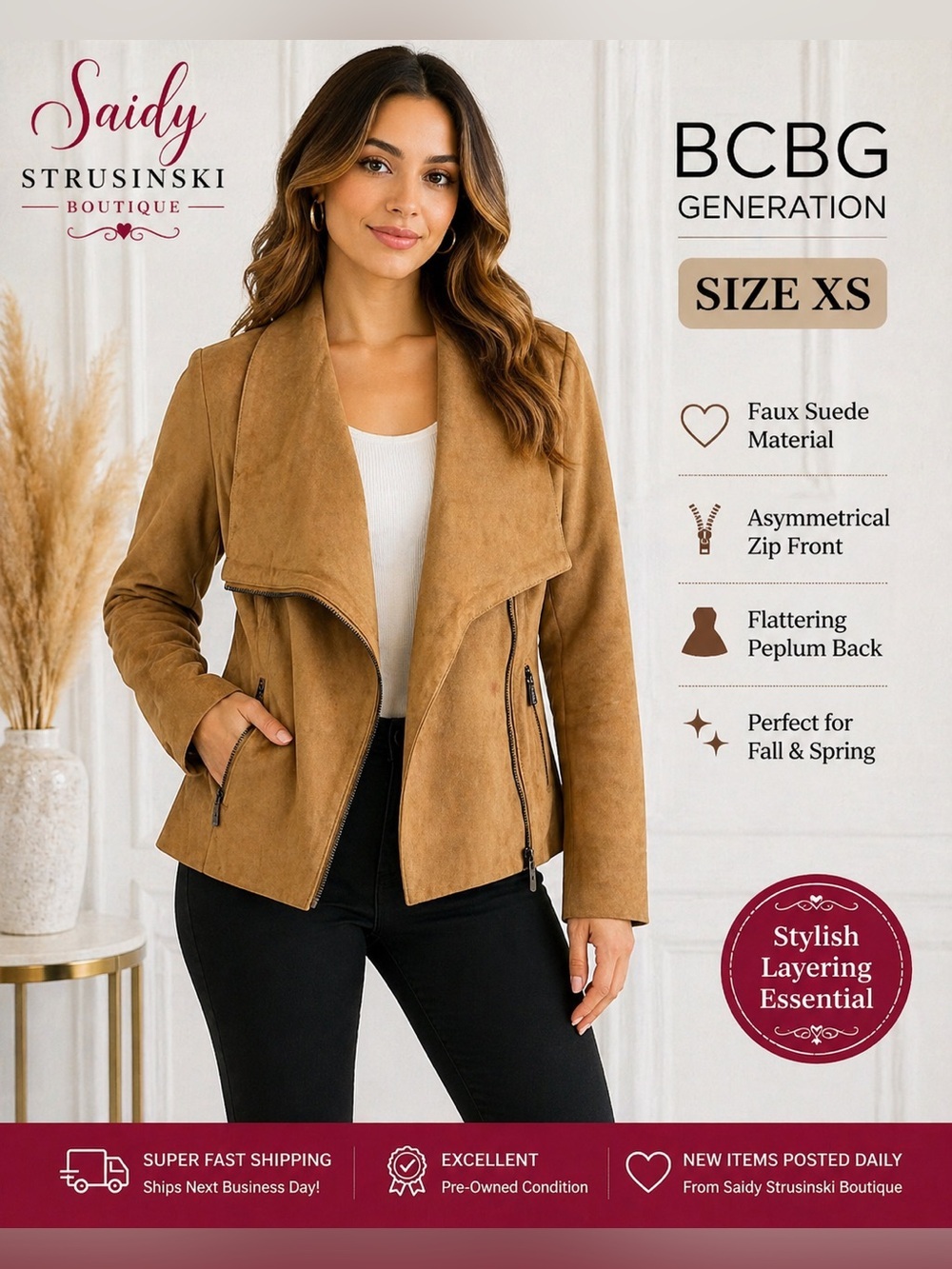 BCBG Generation Faux Suede Moto Jacket Tan XS Peplum Zip Front